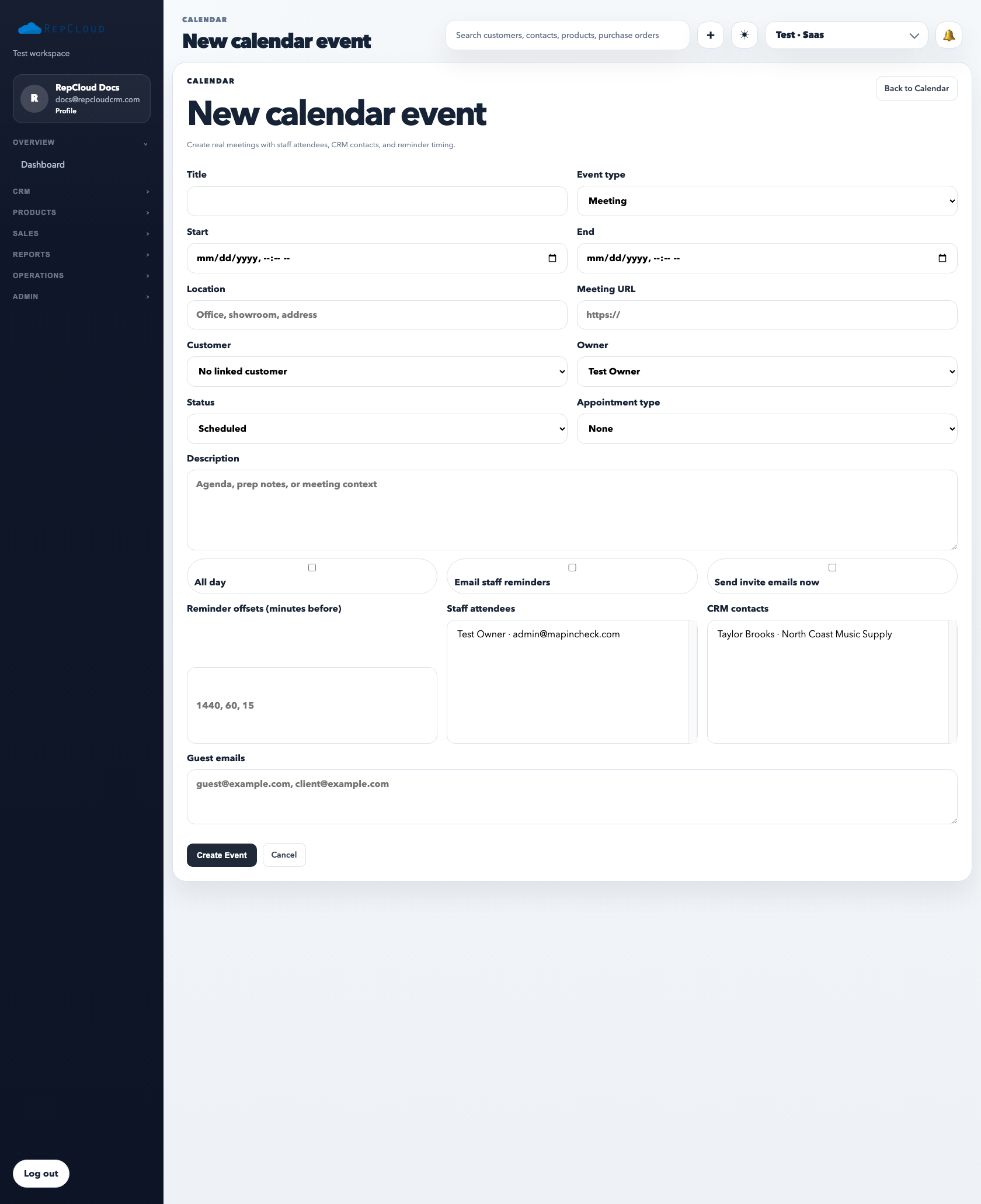 New calendar event page showing title, date, owner, attendees, reminder, and description fields.