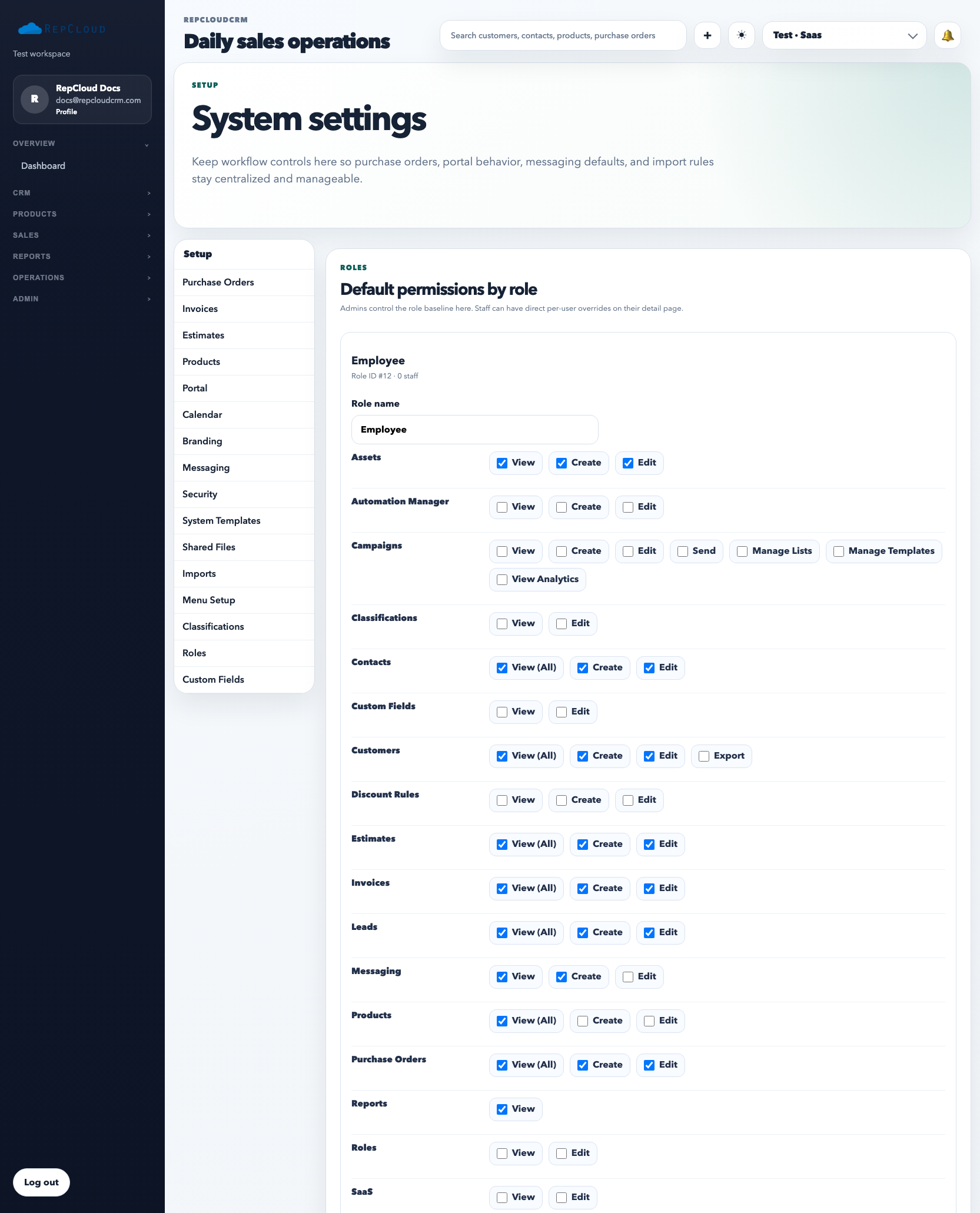 Setup roles panel showing one role at a time with grouped permission toggles.