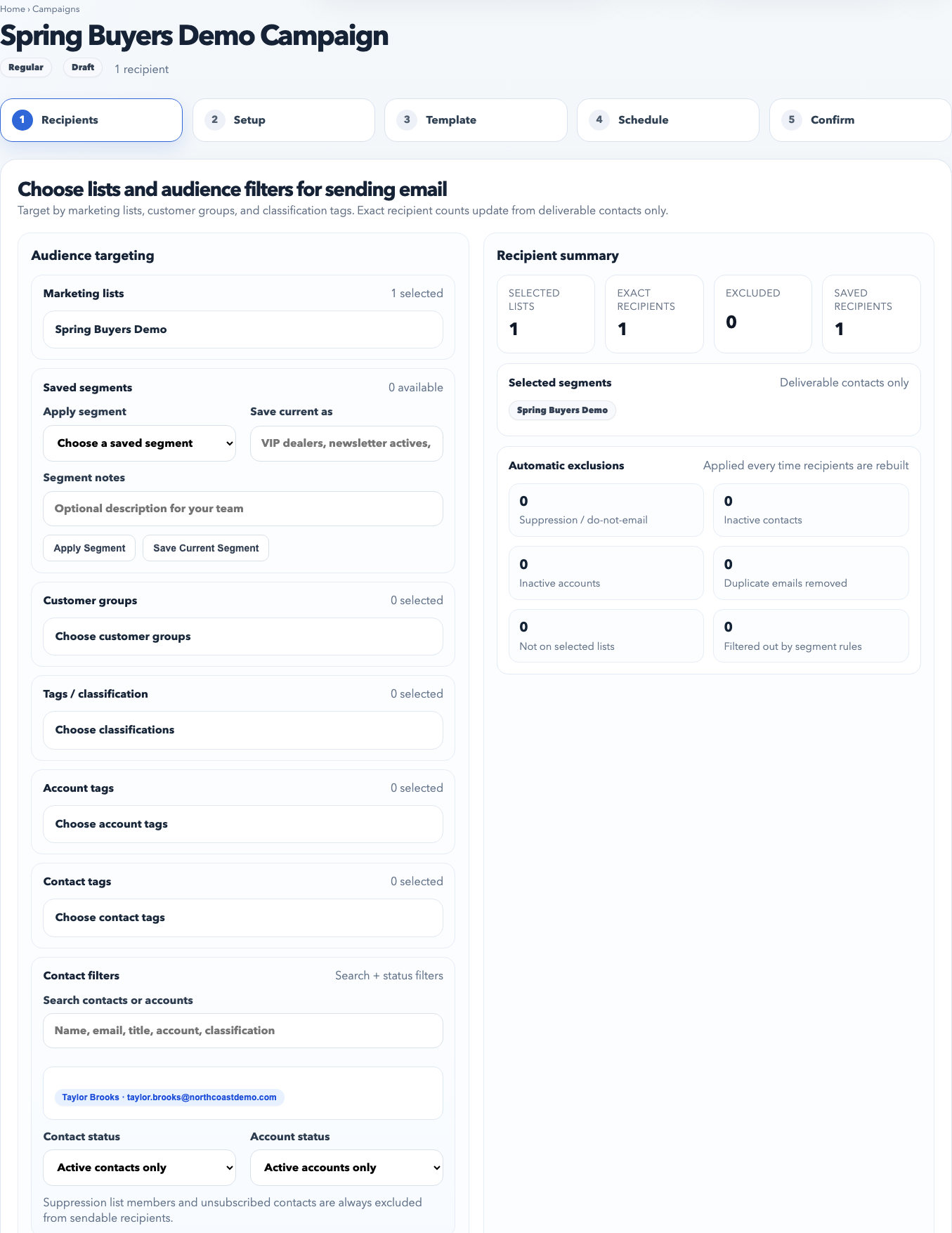 Campaign builder recipients step showing marketing lists, segments, groups, and recipient summary.