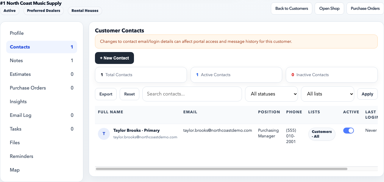 Customer contact section showing the contact directory within a customer account.