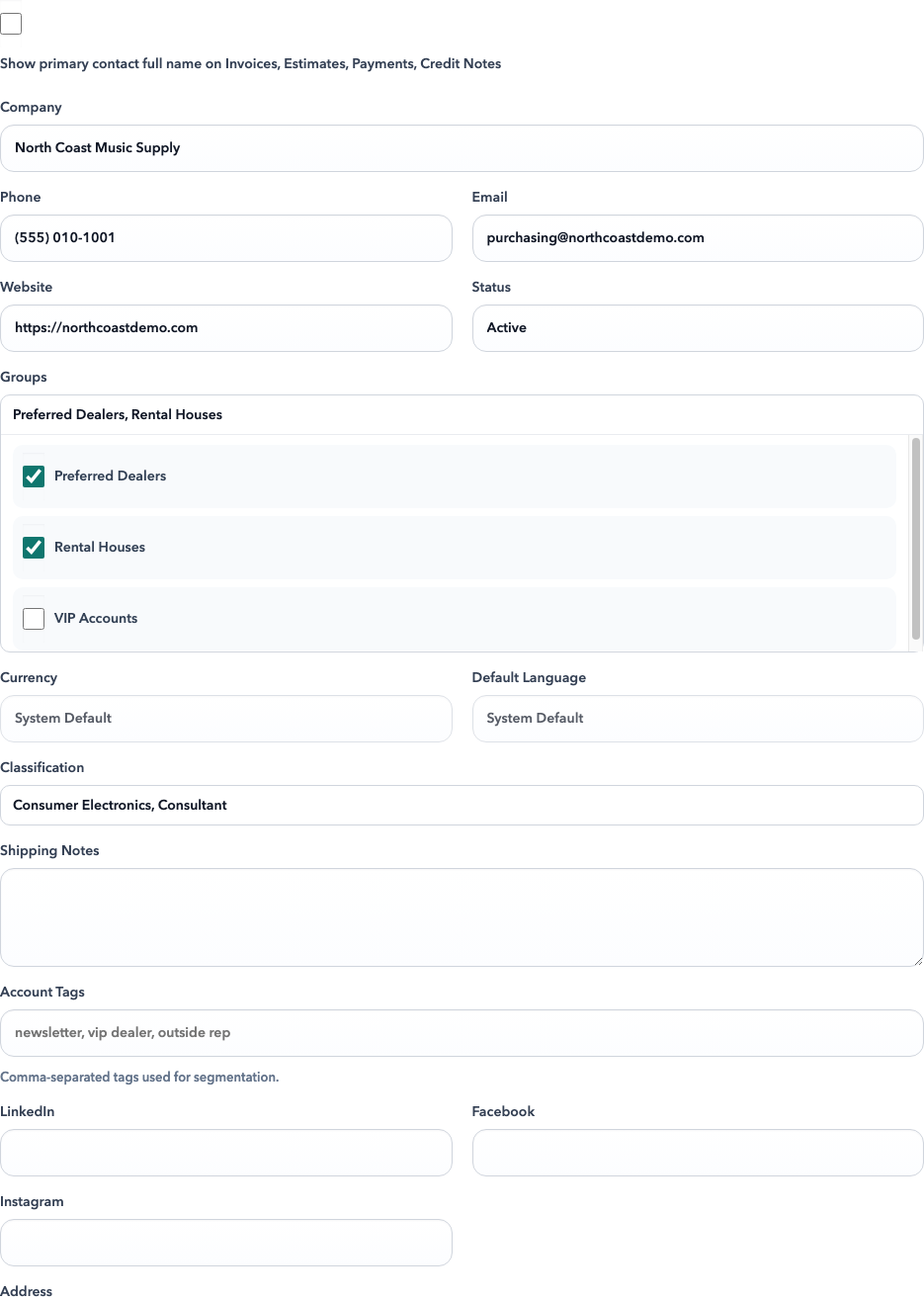 Customer profile group picker showing multiple selectable customer groups.
