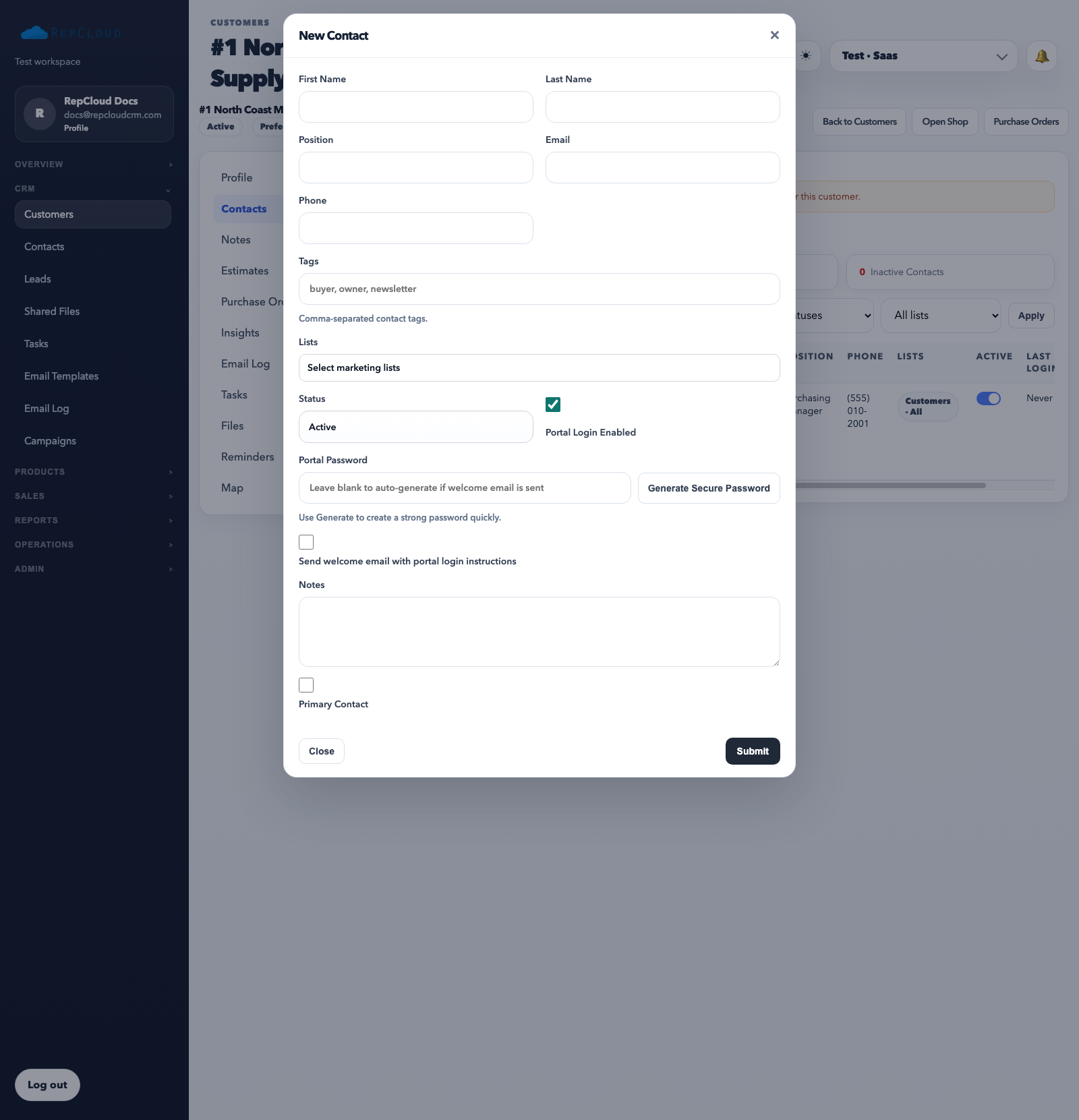 New contact modal showing name, email, phone, tags, and portal access options.