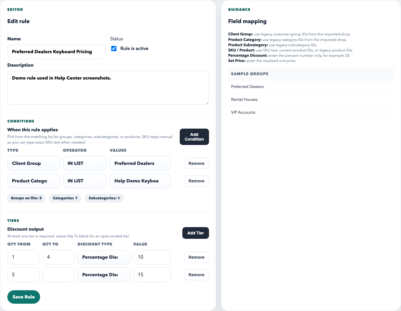 Discount rule editor showing conditions and quantity tiers.