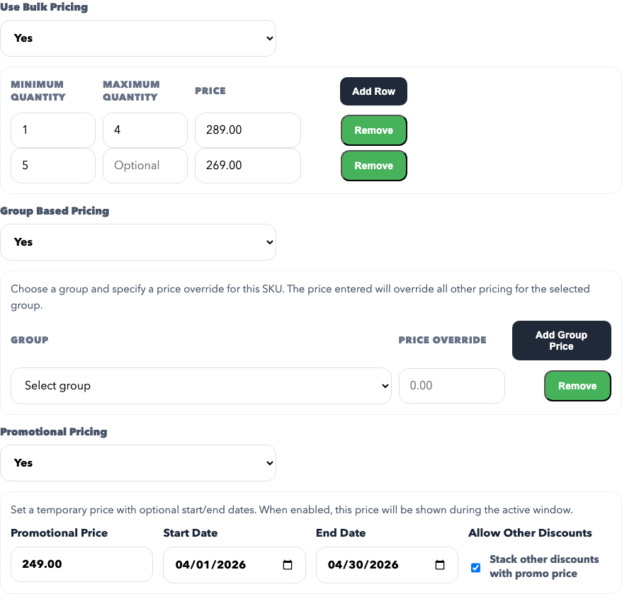 Product editor pricing controls showing bulk pricing, group based pricing, and promotional pricing sections.
