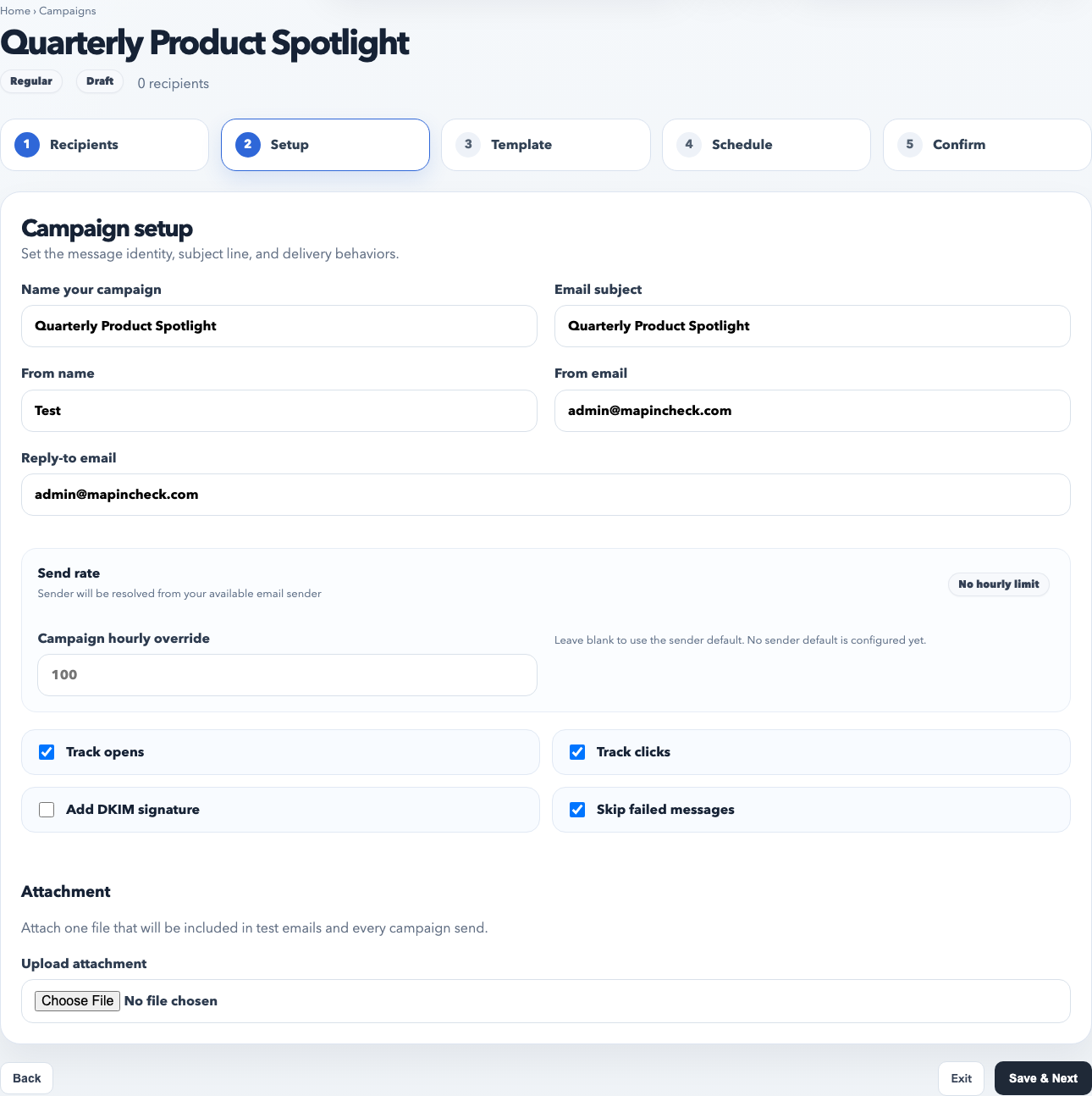 Campaign builder template step showing the design canvas, layout tools, and Save as Template action.