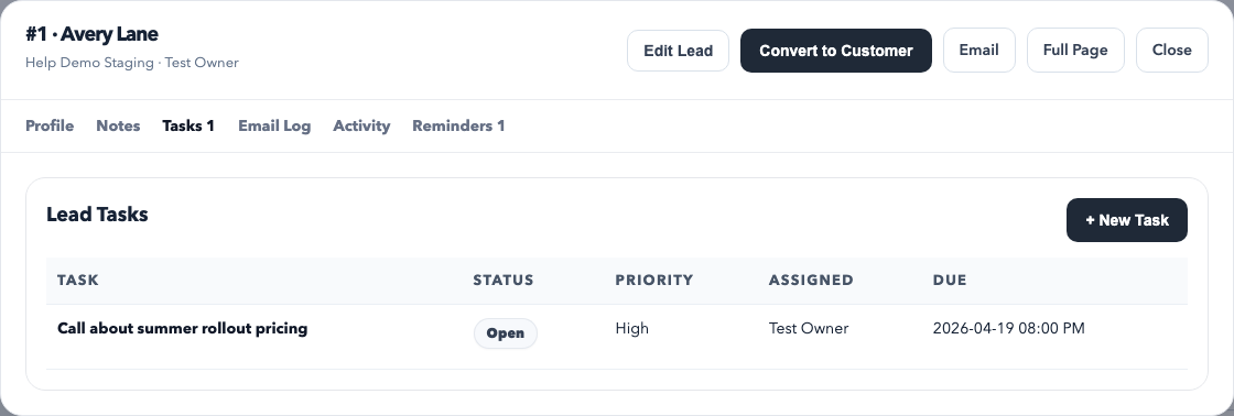 Lead workspace tasks tab showing linked lead tasks with status, priority, assignee, and due date.