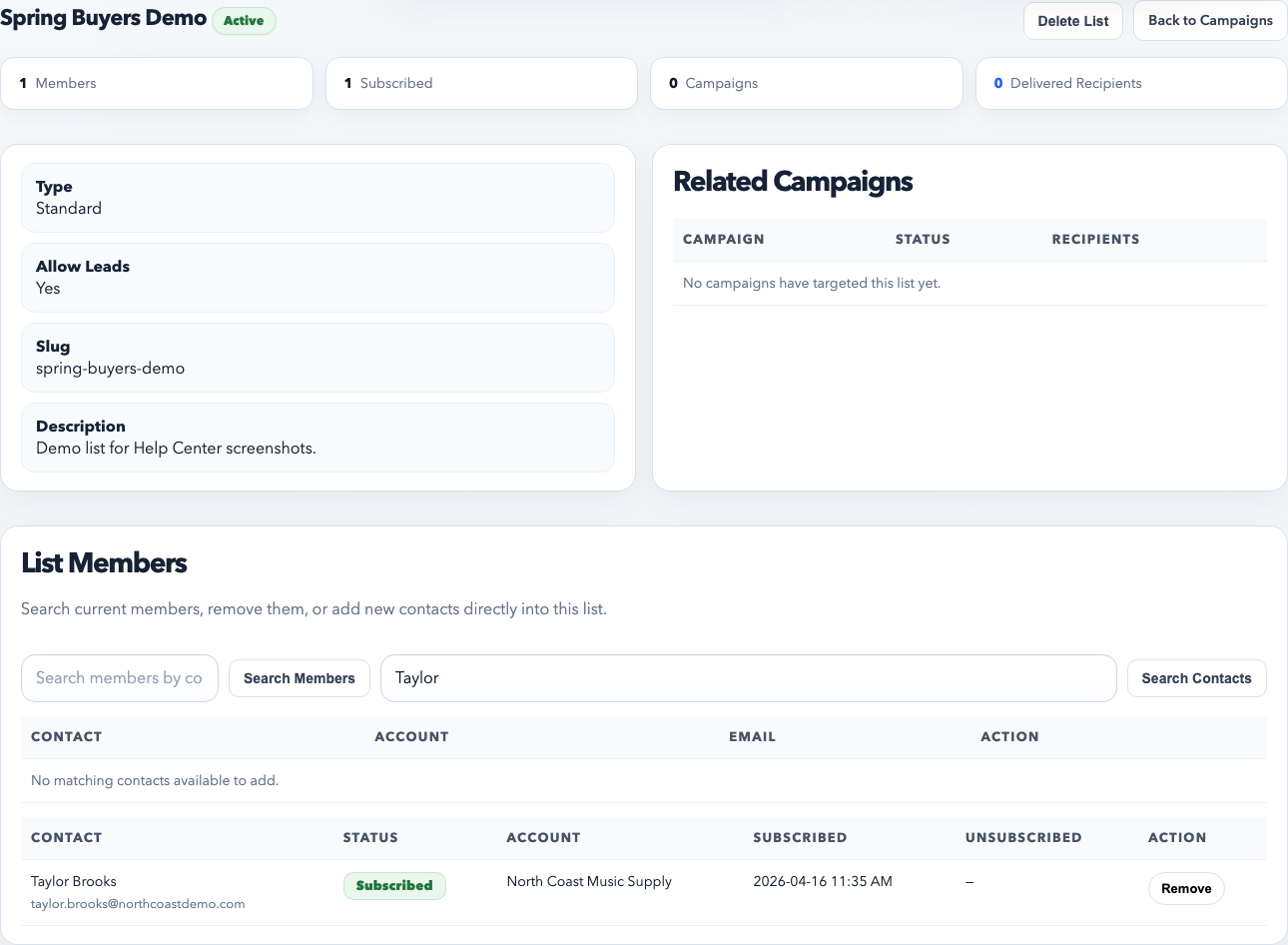 Marketing list detail view showing search results for contacts that can be added to a list.