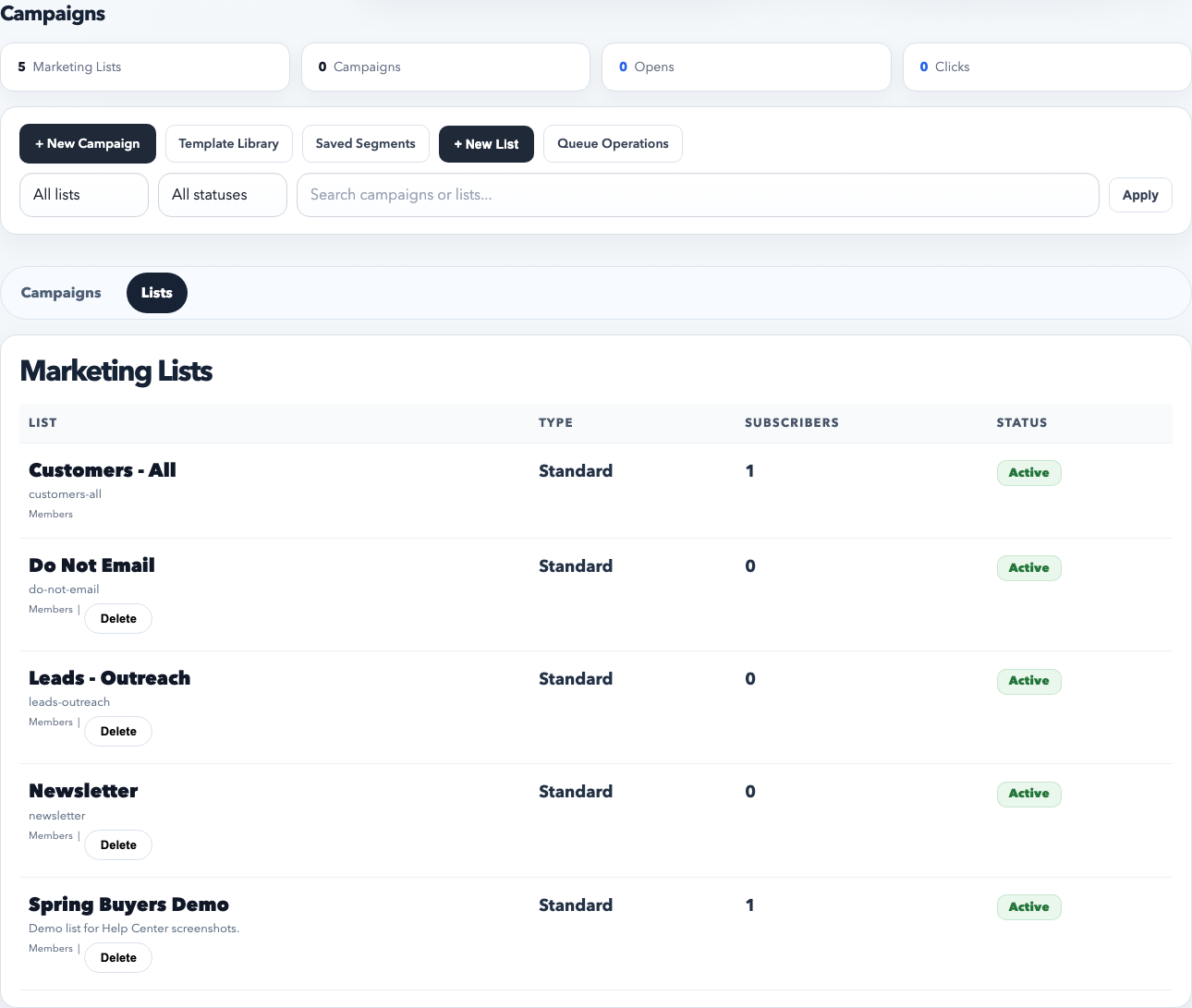 Campaigns area with the Lists tab selected and the marketing list directory visible.