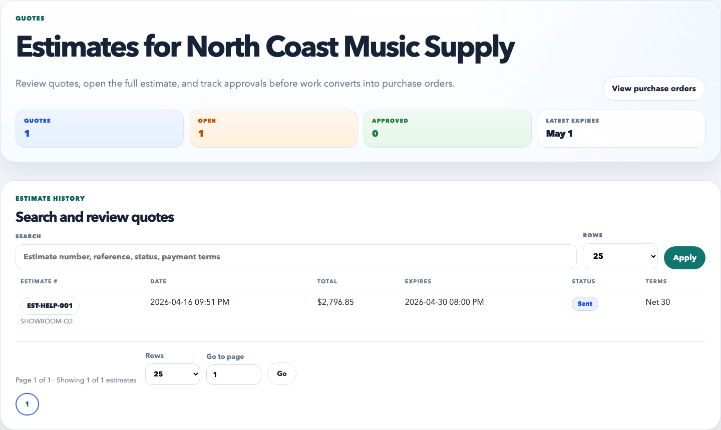 Portal estimates tab listing customer estimates and quote statuses.