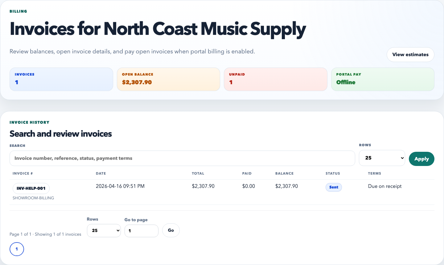 Portal invoices tab listing customer invoices and billing status chips.