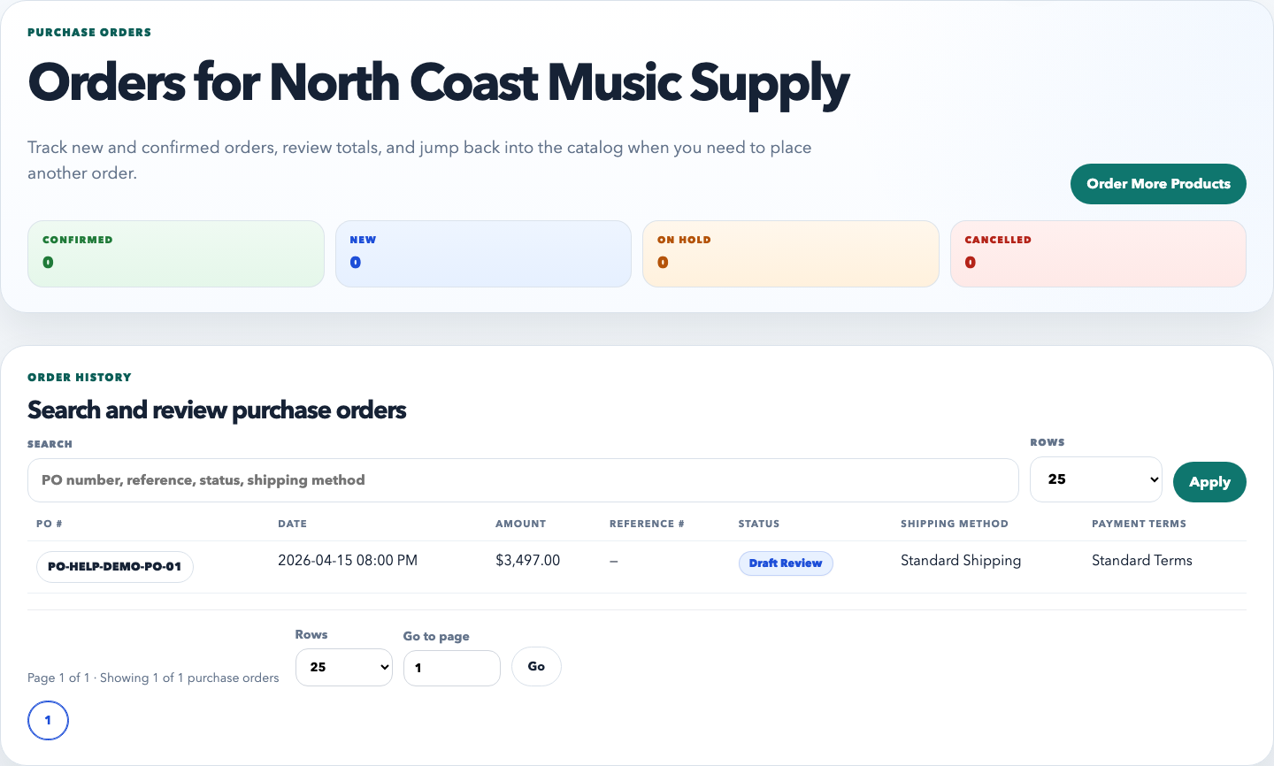 Portal purchase orders tab listing customer purchase orders with status and amount columns.