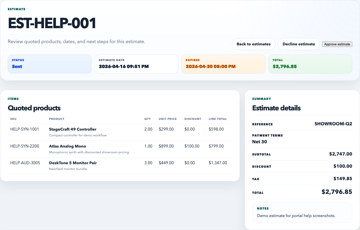 Portal estimate detail page showing line items, totals, notes, and customer-facing estimate information.