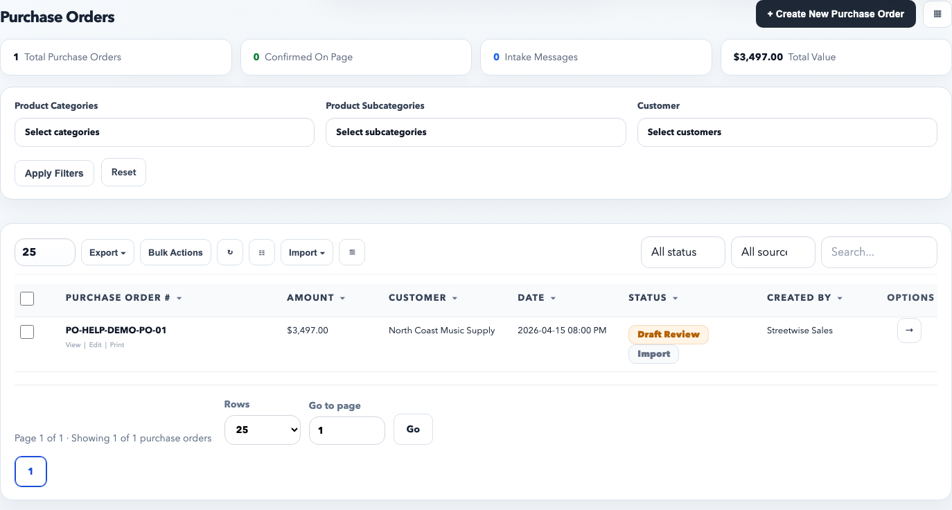 Purchase order list view showing filters, statuses, sources, and row actions.