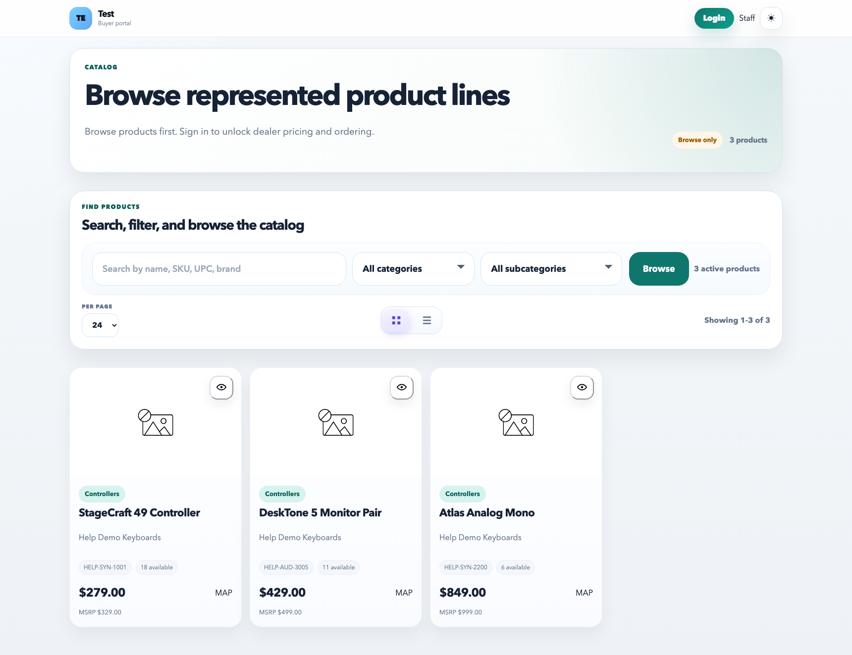 Catalog page showing customer-facing product browsing layout, search, and product cards.