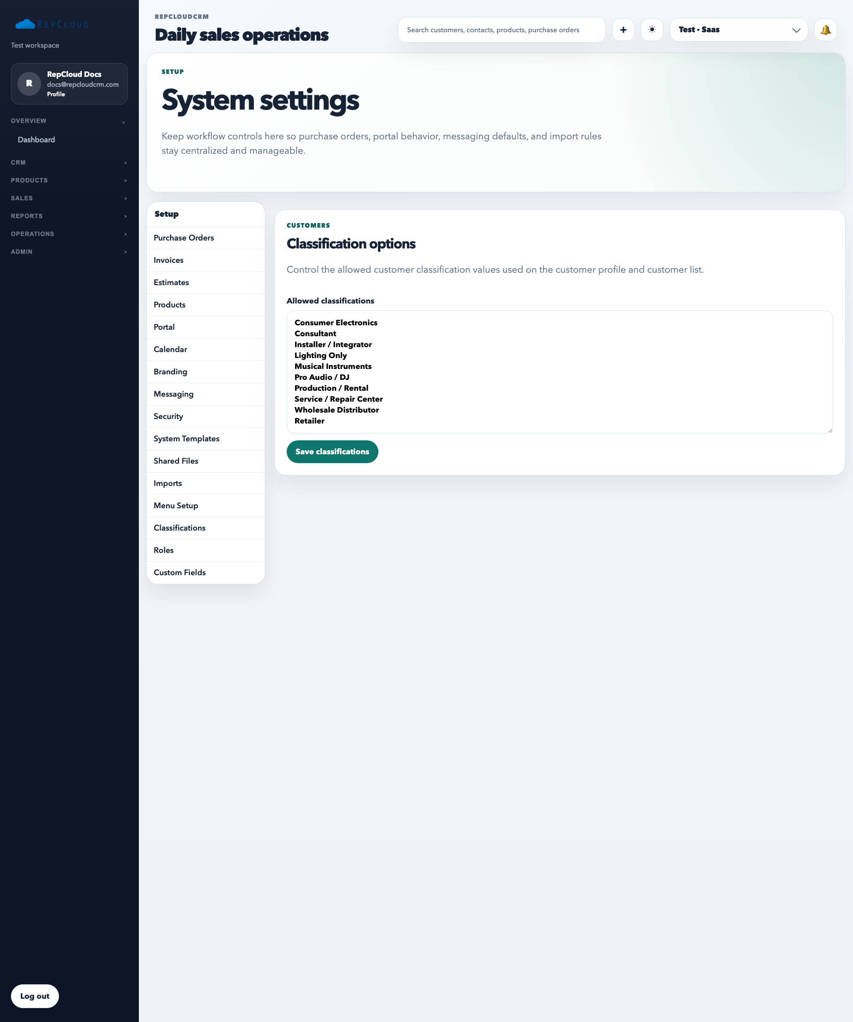 Setup Classifications tab listing shared classification values and add/edit controls.
