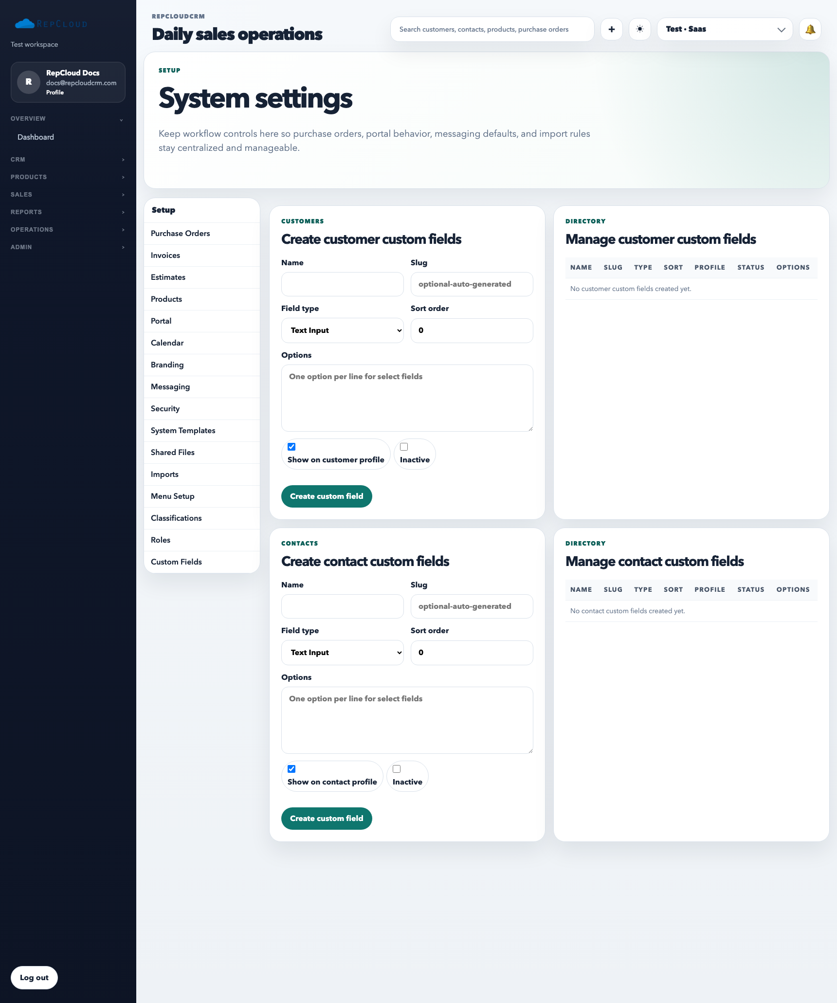 Setup Custom Fields tab showing existing fields, target record types, and create controls.