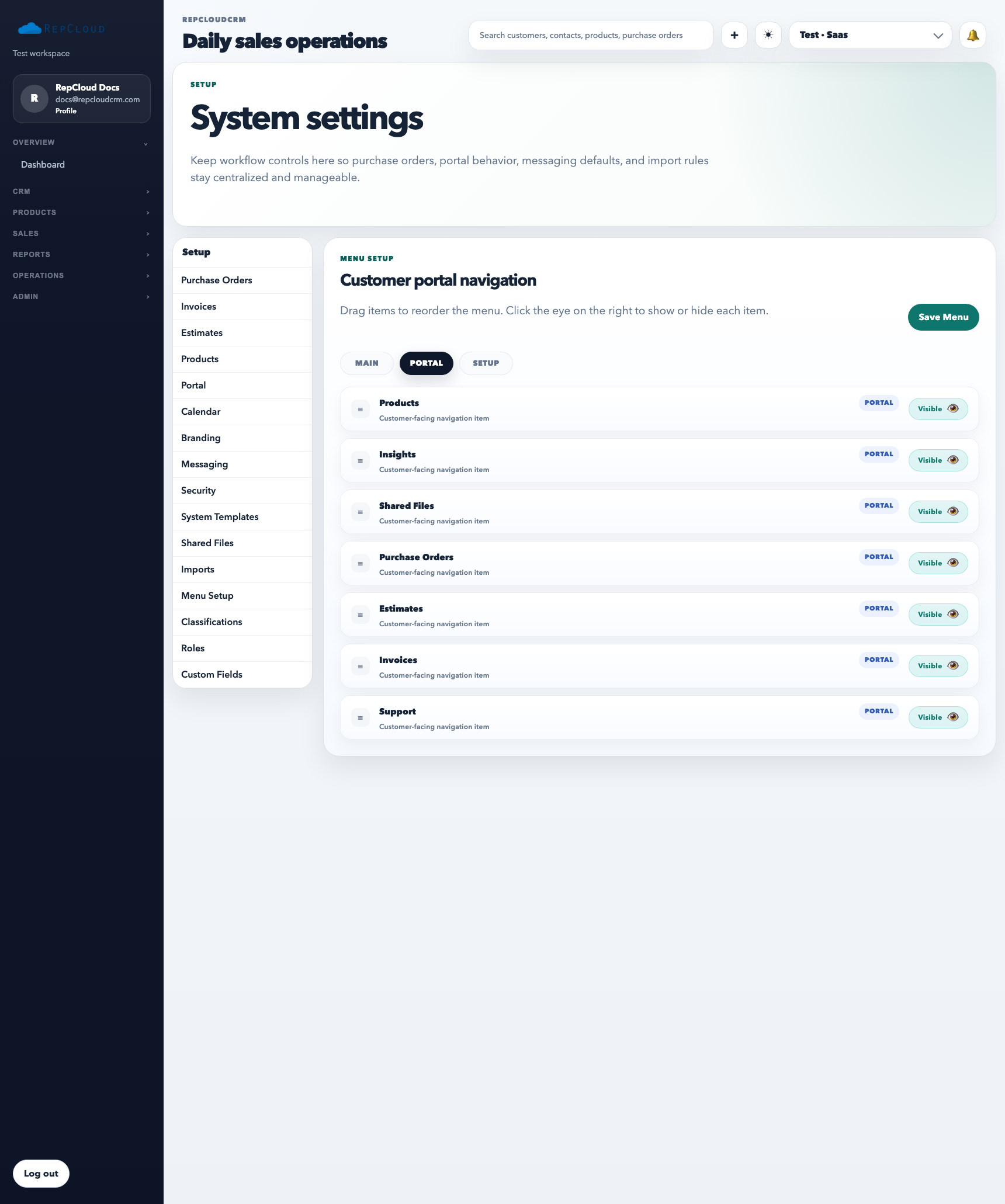 Setup Menu Configuration showing portal navigation controls for customer-facing sections.