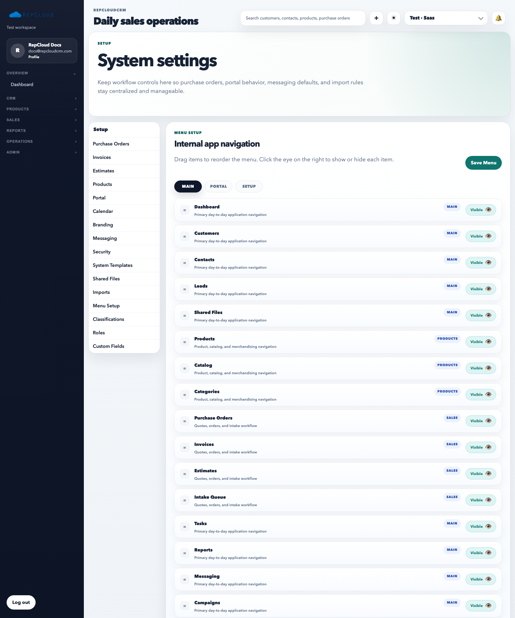 Setup Menu Configuration showing main sidebar ordering and visibility controls.