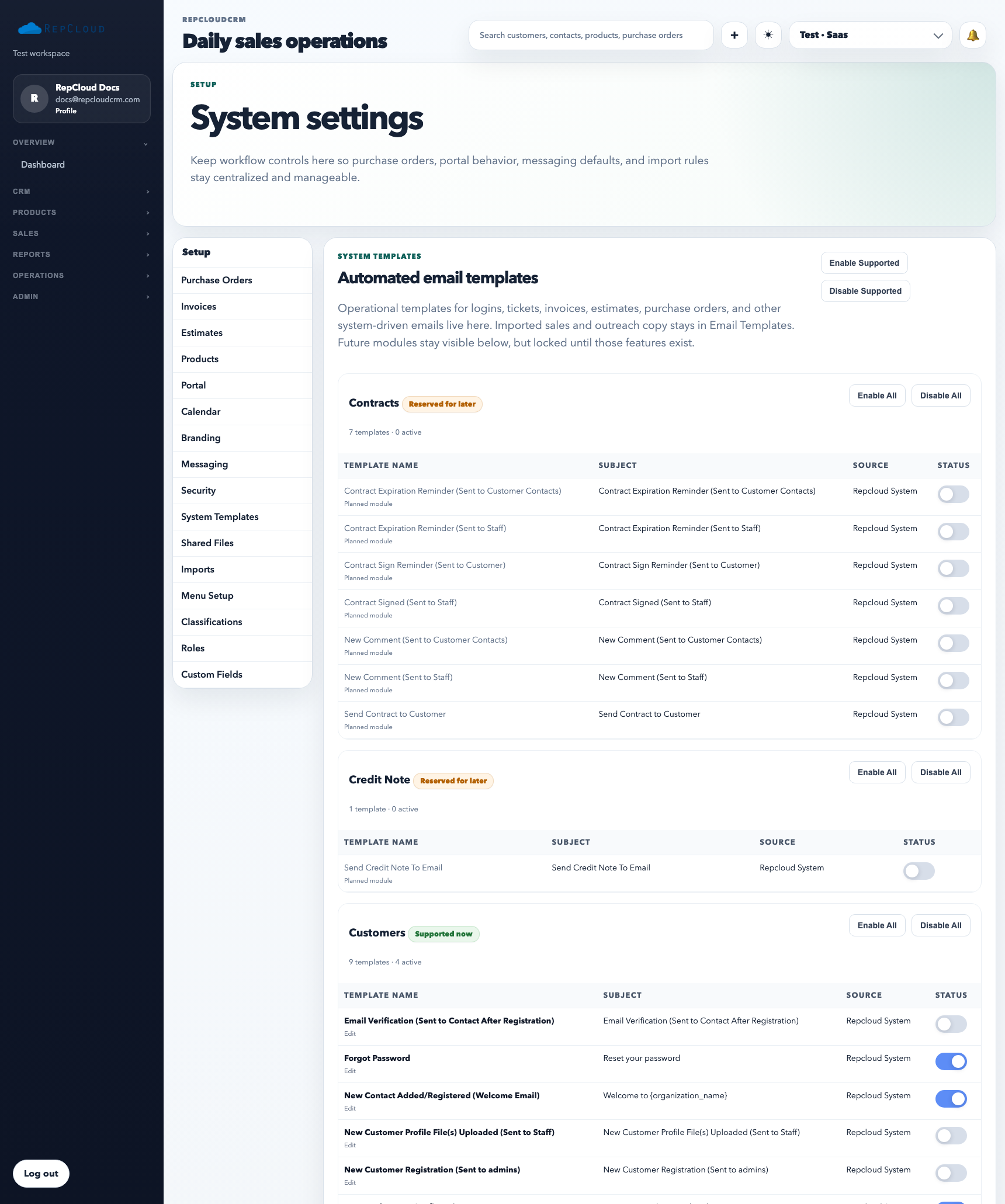 Setup System Templates list showing template categories, enabled states, and edit actions.