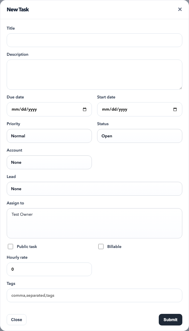New task modal showing title, description, due date, status, related account or lead, assignees, and tags.