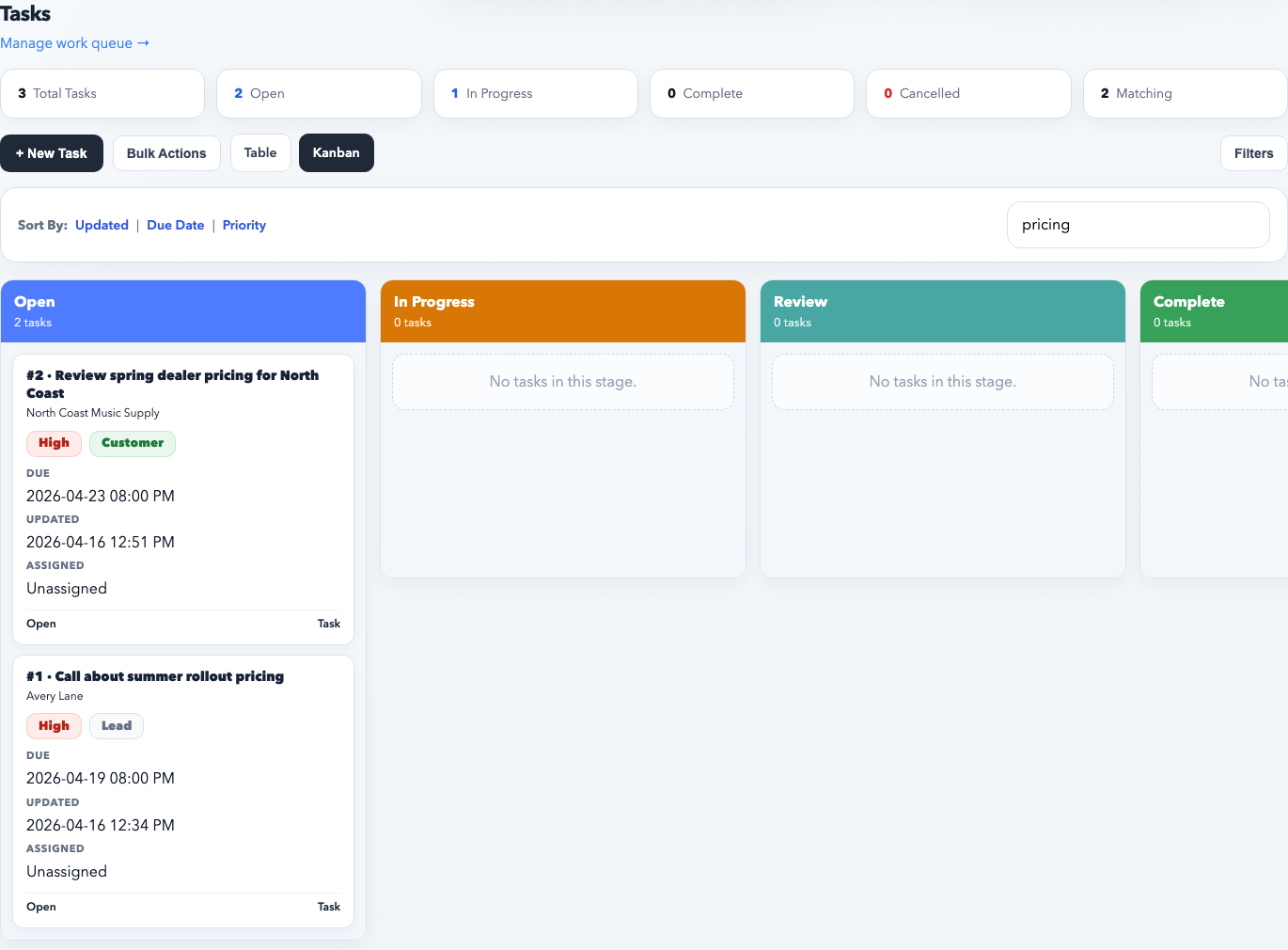 Tasks Kanban board showing open, in progress, review, complete, and cancelled columns.